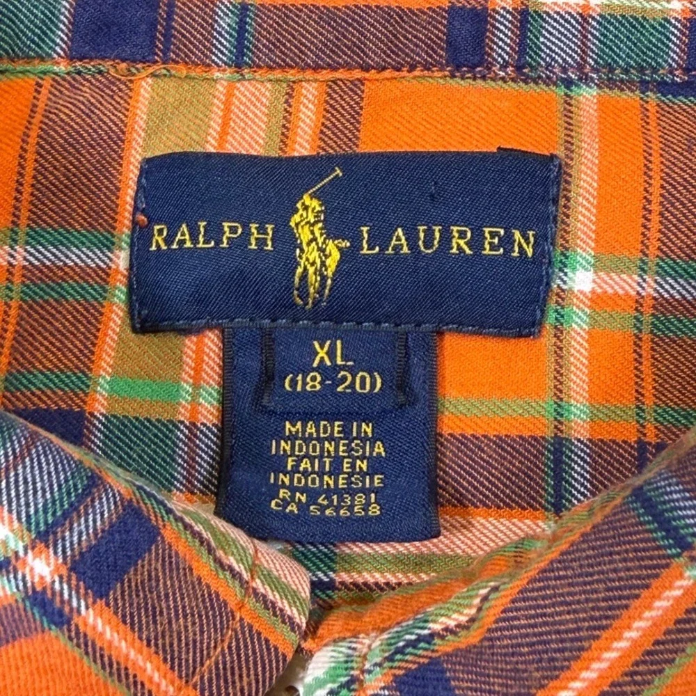 Ralph Lauren Boys XL 18-20 Plaid Button Down Shirt Orange Green Blue Cotton Long